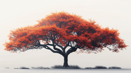 Fototapeta premium A large tree with red leaves stands alone in a field