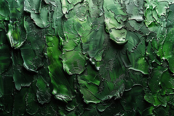 Green background with dabs of green paint of various sizes and shapes, creating a textured and abstract look. The overall mood of the painting is chaotic - obrazy, fototapety, plakaty