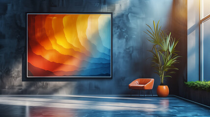 A large painting of a colorful wave is hanging on a wall in a room