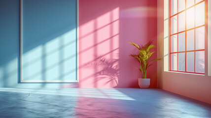 A room with a pink wall and a green plant in a white pot