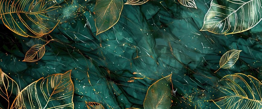 Naklejki Luxury background with golden line art leaves on emerald green marble texture. AI generated illustration