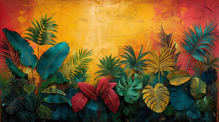 Fototapeta na wymiar A painting of a lush tropical forest with a red and yellow background