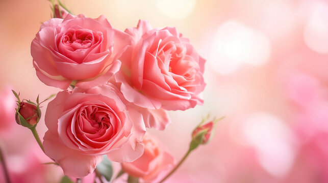 Pink roses background, many light pink flowers on a blurred background.