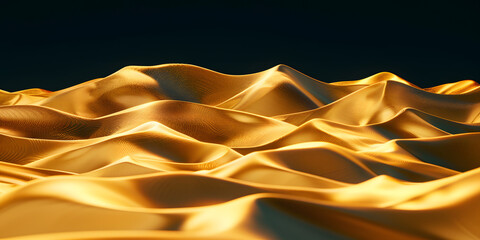 3D render of golden silk dunes, smooth and luxurious against a deep, shadowed background