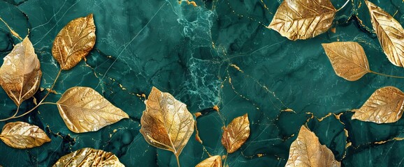 Luxury background with golden line art leaves on emerald green marble texture. AI generated illustration