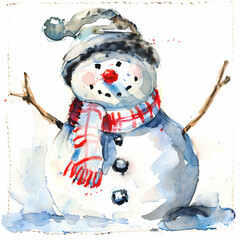 funny snowman in red knitted hat on the snow background - 759984576