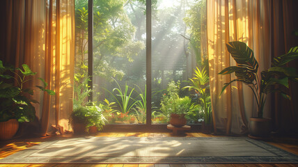 A window with a view of a lush green garden