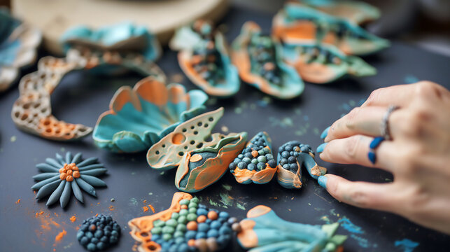 An artist's hands meticulously creating ceramic artwork with intricate berry and leaf patterns on a workshop table