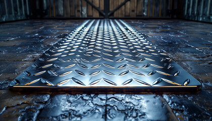 An ultra-realistic, high-definition image of a heavy-duty polished aluminum tread plate - obrazy, fototapety, plakaty