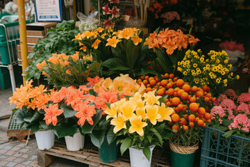 Fototapeta na wymiar Vibrant Flower Market Display with Lilies and Blossoms