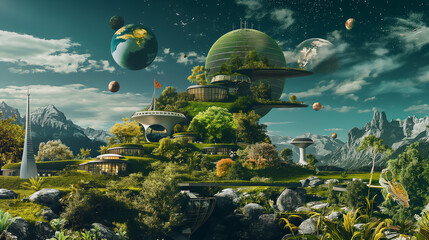 An imaginative science fiction landscape showing self-sustaining eco-friendly cities with a backdrop of planets and stars - obrazy, fototapety, plakaty
