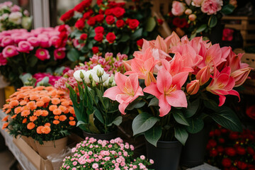 Vibrant Flower Market Display with Lush Bouquets