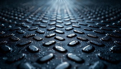High-definition, ultra-realistic photograph of a dark metallic floor with a raised checker pattern - obrazy, fototapety, plakaty