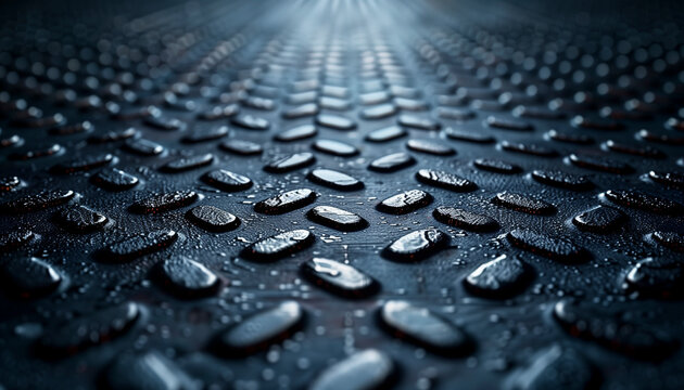High-definition, ultra-realistic photograph of a dark metallic floor with a raised checker pattern