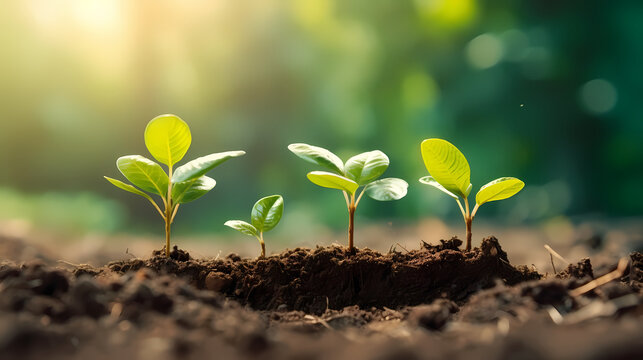 Seedlings sprout in fertile soil, new growth
