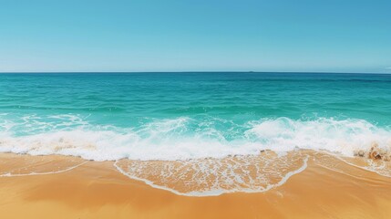 Fototapeta na wymiar Golden beach landscape under clear blue sky, perfect for adding text in a serene setting