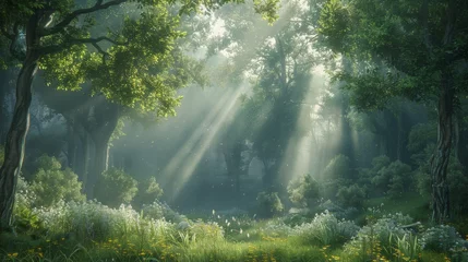 Gardinen Tranquil forest glade with sunlight filtering through trees, perfect for text placement and overlays © Philipp