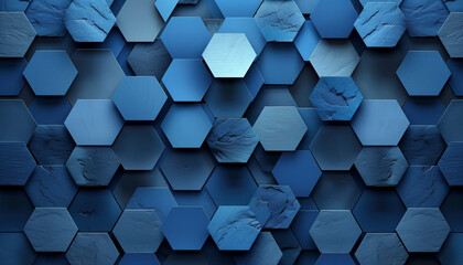 minimalistic abstract image with a seamless pattern of interconnected hexagons, shading from cerulean to indigo. 