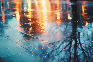 Rainy day at a vibrant street fair. A wet sidewalk with rain falling on it. 