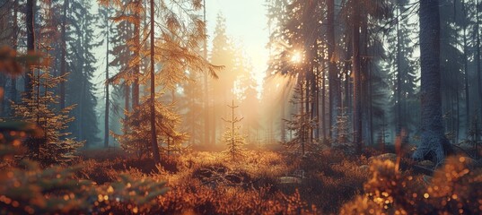 Peaceful forest clearing with sunlight, perfect for text placement in serene natural setting