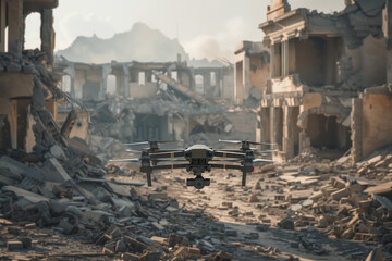 Fototapeta na wymiar A combat drone during a mission in flight on a background of a ruined city. Modern warfare concept.