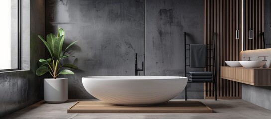 Modern Bathroom Interior with Freestanding Tub and Double Sink