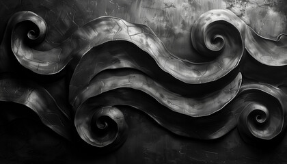 minimalistic abstract tapestry with a repeating motif of charcoal swirls and curls on a matte black backdrop. 