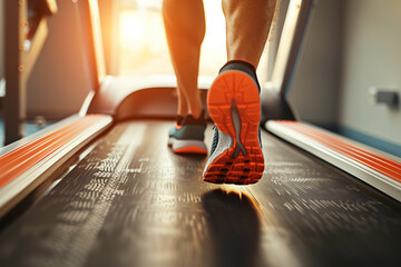 Active running workout in a fitness center. Close-up of legs in sneakers, girl athlete doing sports...