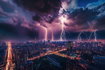Fototapeta premium A lightning storm over a city skyline at night, with multiple bolts striking buildings simultaneously and the city lights reflecting off the clouds