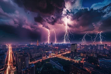 Papier Peint photo autocollant Réflexion A lightning storm over a city skyline at night, with multiple bolts striking buildings simultaneously and the city lights reflecting off the clouds