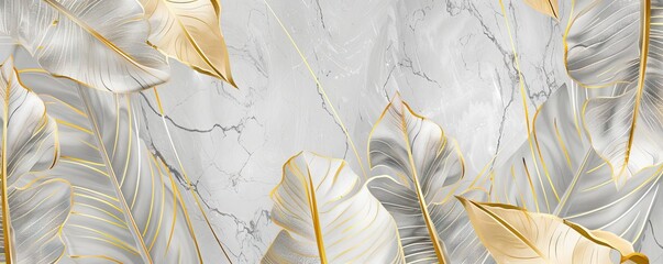 Abstract background with marble texture and golden banana leaves line art pattern. AI generated illustration