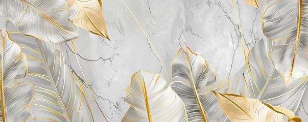 Foto op Plexiglas Abstract background with marble texture and golden banana leaves line art pattern. AI generated illustration © Or