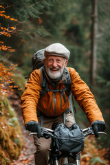Fototapeta premium Senior Man Enjoying Cycling Journey in Autumn Forest