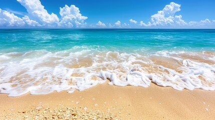 Serene beach with golden sand and clear blue sky, perfect for text placement and design