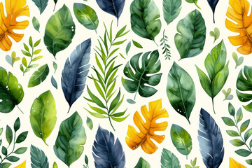 Vivid Watercolor Tropical Leaves Pattern for Design Background - obrazy, fototapety, plakaty