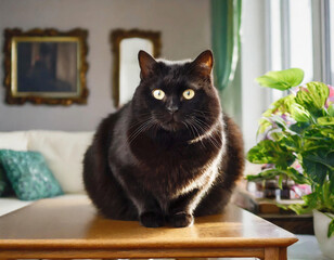 Fat black cat sitting on a table in a living room.