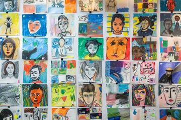 Children's artwork paintings displayed in an exhibition emphasizing creativity on Children's Day