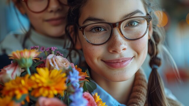 smiling girl in glasses and a pigtail with a bouquet of flowers stands against the background of blurry figures in the school yard. Concept: academic year and friendship. children's adaptation 