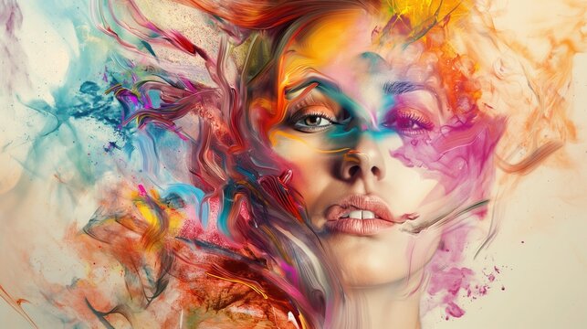 An artistic portrayal of a girl model surrounded by swirling watercolor strokes on a clean, colorful canvas.