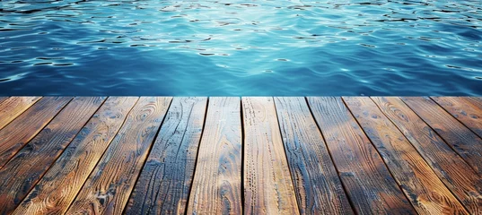 Foto op Plexiglas Tranquil wooden pier extending into calm lake, ideal for text layout and relaxation © Philipp