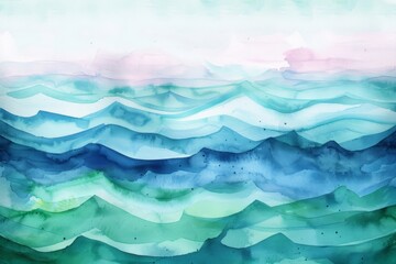 Painting depicting blue and green waves on a white background, creating a dynamic and vibrant ocean scene.
