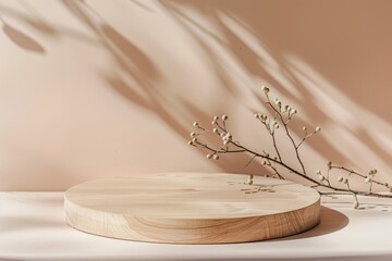natural round wooden podium for product presentation on beige background with shadows
