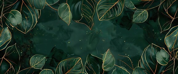 Luxury background with golden line art leaves on emerald green marble texture. AI generated illustration - obrazy, fototapety, plakaty