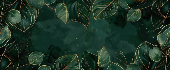 Tuinposter Luxury background with golden line art leaves on emerald green marble texture. AI generated illustration © Or