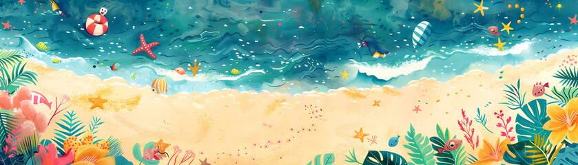 Obraz na płótnie Canvas Illustrated Tropical Beach and Ocean Life Panorama