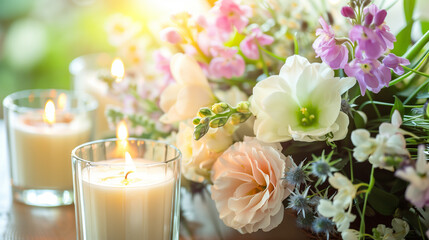 Postcard for Women's Day. Candles and flowers. Horizontal format.