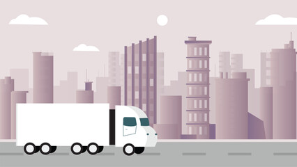 White American truck moving over the bridge early morning near the city vector illustration