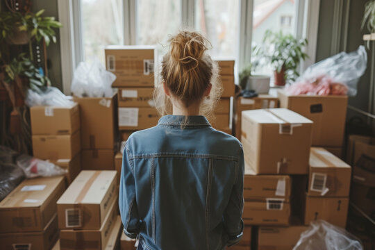 Young Woman Contemplating Packed Moving Boxes in New Home