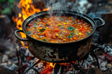 Rustic Outdoor Cooking: Hearty Vegetable Stew Over Open Fire