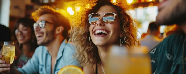 A group of happy young friends, everyone is smiling, they are drinking in a bar celebrating a happy hour.